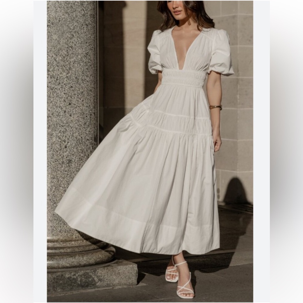 Showpo. Mellie Midi Dress Puff Sleeve Plunge Tiered Dress White Smocked Size 8